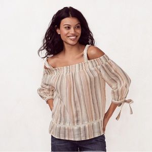 LC Lauren Conrad Smocked Off-the-Shoulder Blouse Top Neutral Stripes Medium NWT!